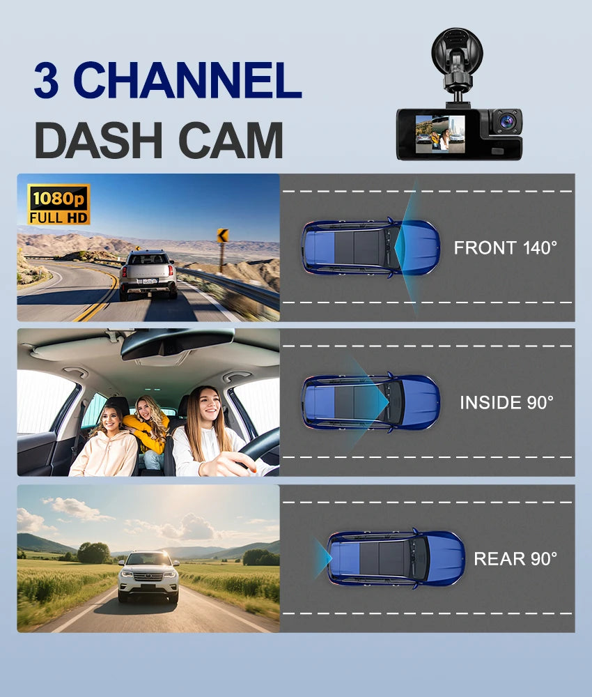 HD 1080P Car DVR Dash Cam with 3 Lens Wide Angle Night Vision G-Sensor Loop Recording for Front Inside and Rear Vehicle Camera
