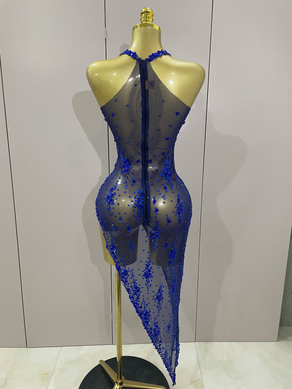 2025 New Sparkly Rhinestone V Neck Stretch Mesh Sexy See Through Dress Women Elegant Party Celebrate Perform Costume Stage Outfi