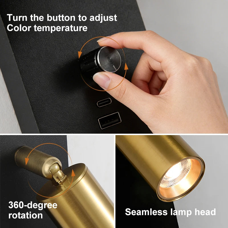 Wall Light 3000K Warm Light Knob Switch with USB Phone Charging, Bedroom Bedside Lamp, Wall Light Can Rotate 350°