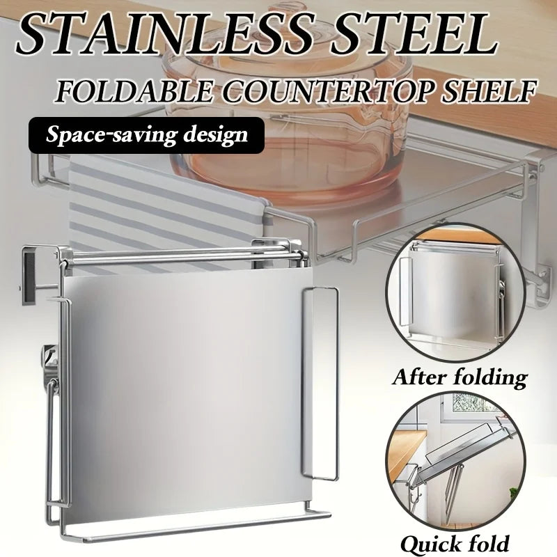 Stainless Steel Foldable Countertop Shelf Space Saving Cabinet Door Shelf No Drill Hanging Storage Bathroom Kitchen Organizer