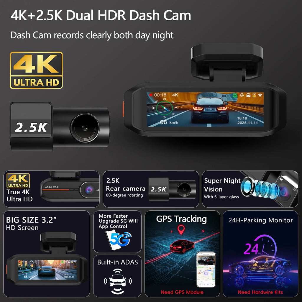 UHD 4K 3840*2160P Dash Cam ADAS WiFi GPS Front 4K Rear 2.5K DVR Video Recorder 24H Night Vision Dash Cam Car Camera Black Box