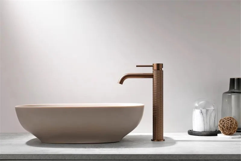 Brushed Rose Gold Bathroom Faucet Brushed Gold Basin Faucet Art Carved Sink Tap Hot & Cold Grey Lavatory Faucet Crane Water Tap