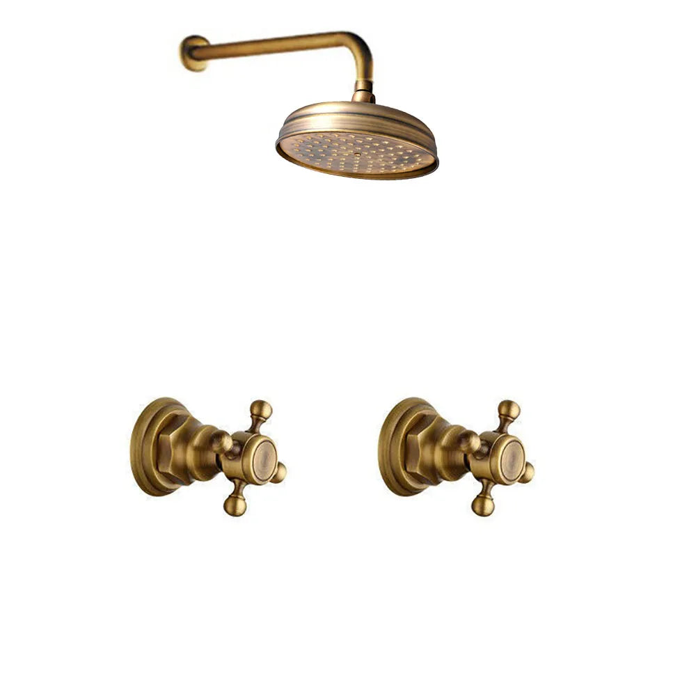 Bathroom Rainfall Shower Faucets 8 Inch Antique Brass Round Wall Mounted Faucet Sets Dual Handles Mixer Tap