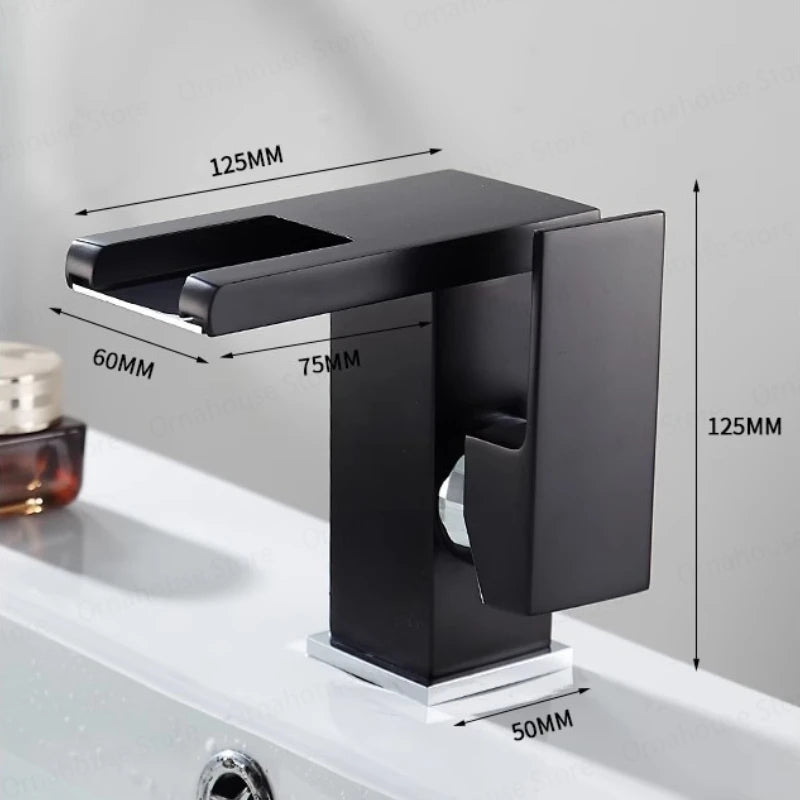 Black Bathroom Sink Faucet Single Hole Cold and Hot Water Mixing Valve Faucet 3 Colors Changing Color Changing Waterfall Faucet