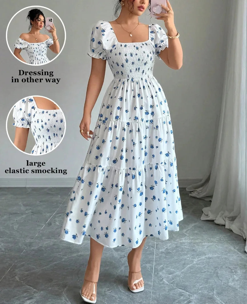 Spring and Autumn Women's Square Neck Short Sleeve Long Skirt Fresh Printed Casual Fashion Slight Backless Temperament Dress