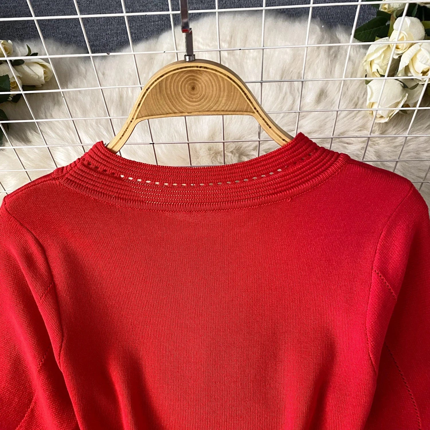 Red Senior Solid Knitting Dress Ladies O-Neck Short Sleeve Hollow Out Design Elastic Knitted Fashion Basic A-Line Dress