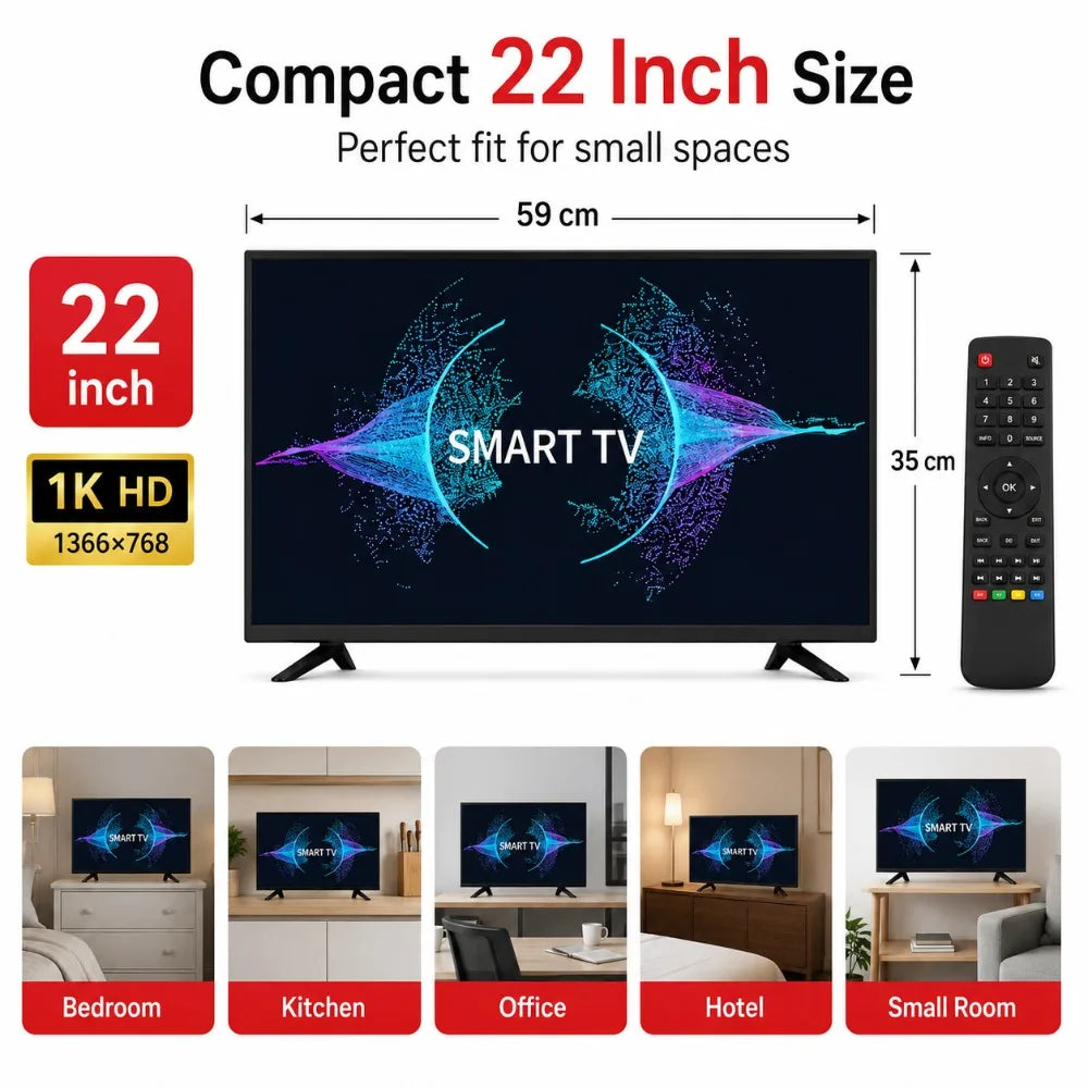 22 Inch Smart TV Android LED Television HD WiFi Bluetooth HDMI USB Flat Screen TV for Bedroom Kitchen RV Home