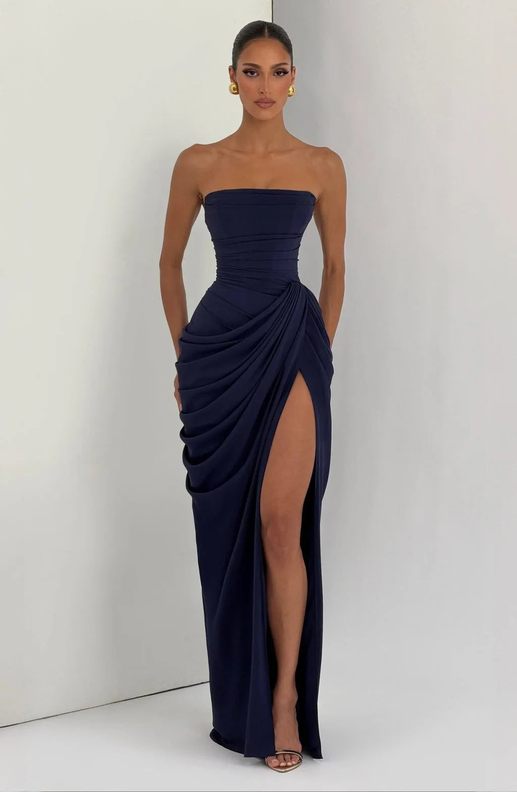 Elegant Backless Long Skirt Solid Color Simple High-Grade Waist Side-Opening Design Sexy Dinner Dress Celebrity Style