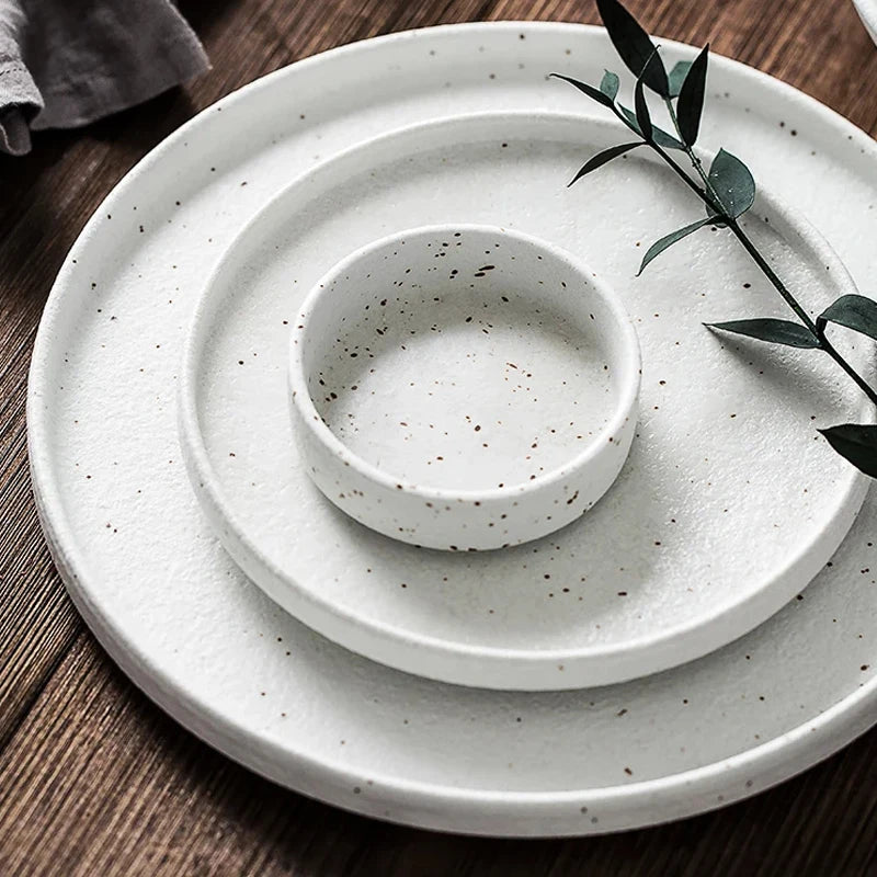 Japanese-style Tableware Set Bowls and Plates Round White Ink Point Dinner Plates Home Creative Western Dishes Dinner Plates