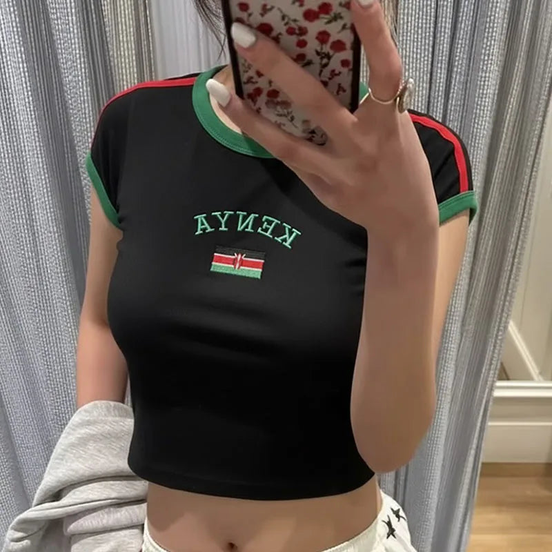 Kenya Printed Crop Top Y2K Sexy Slim Women's T-shirt Short Sleeve Gothic Harajuku Emocroppetop Beautiful Fashion Street Clothes