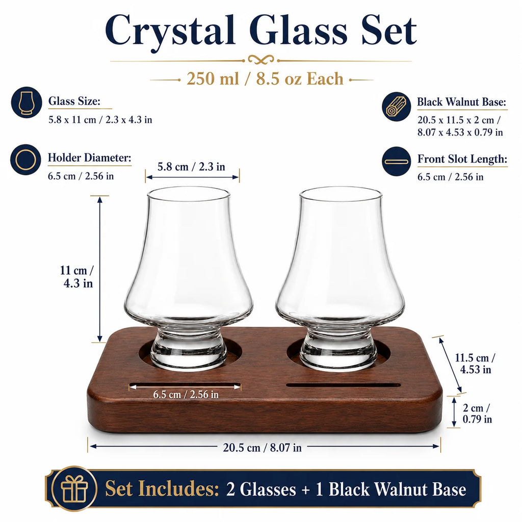 Whiskey Tasting Glasses Set of 2 with Black Walnut Wood Base, 8.5 oz Crystal Glasses with Label Slots