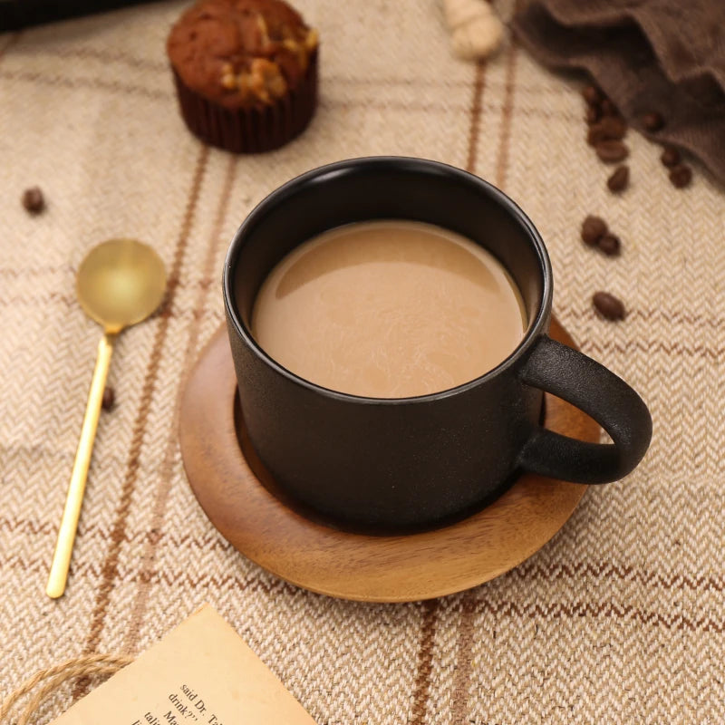 Nordic Black Ceramic Coffee Tea Cup creative coffee shop cups Frosted Porcelain Matte Mug Wood Saucer with Gold Steel Spoon mugs