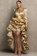 Pleated High Low Ruffle Plus Size Maxi Dress Long Sleeve Tiered Asymmetric Train Gown Women Luxury Evening Prom Party Dress