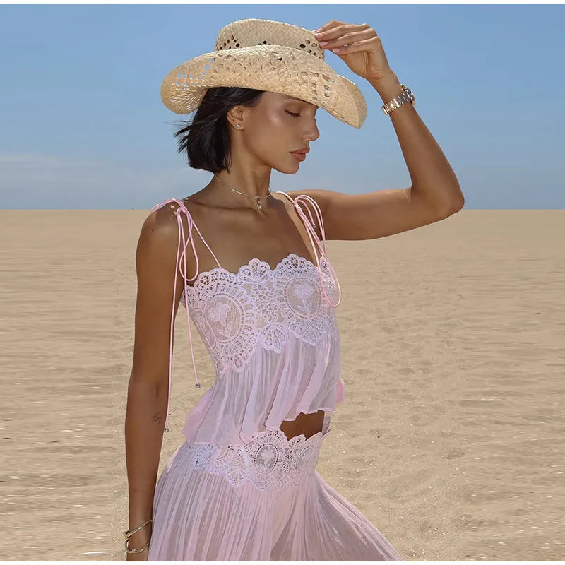 Women Elegant Lace Long Pant Set Square Neck Sheer Ruffle Hem Crop Cami Top High Waist Wide Leg Trousers 2026 Summer Chic Suit