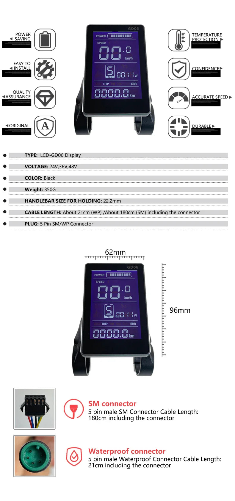 250W-750W Brushless For Electric Bike Controller LCD Panel Scooter EN06 S830 S866 JN Controller 15A 25A WP Plug Square Wave GD06