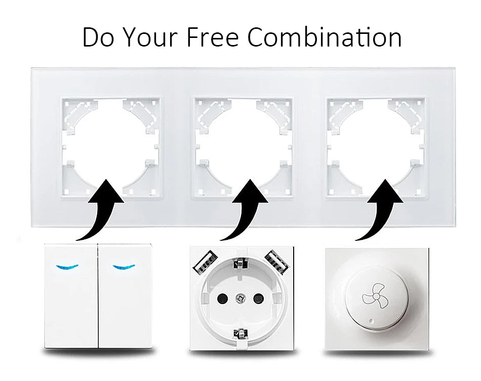Touch Light Switch With EU Power Wall Sockets White Black 300W Led 1 Gang 1 Way Crystal Glass Panel Interruptor 157mm*86mm
