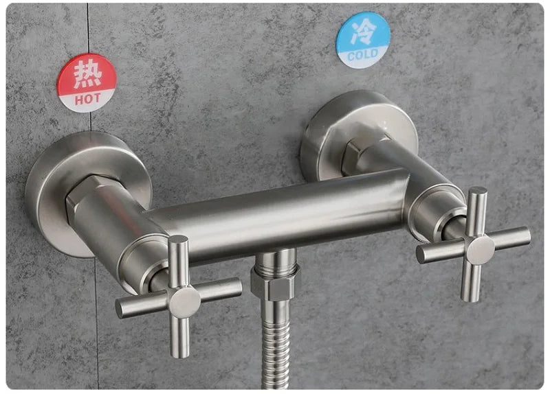 Wall-Mounted Shower Faucet Stainless Steel Bathtub Faucet Cross Handles Dual Control Hot And Cold Water Valve Nozzle Tap G1/2in