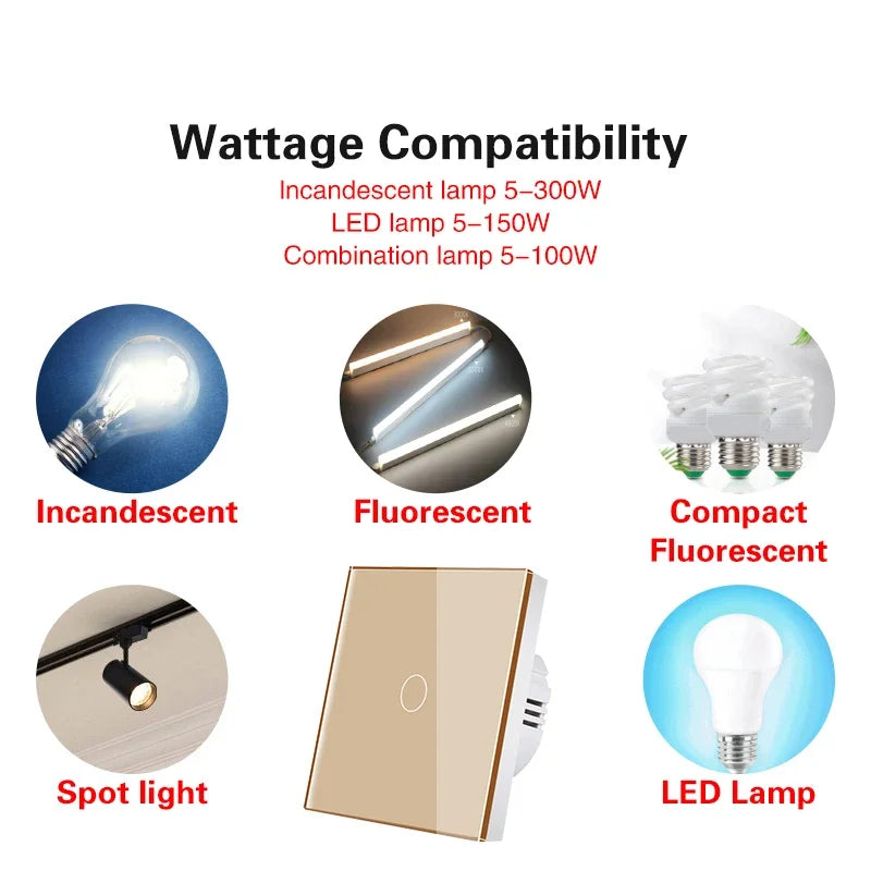 Backlight Panel Touch Switch AC100-240V Led Tempered Crystal Glass Wall Light Sensory Switches 1/2/3 Gang Interruttore