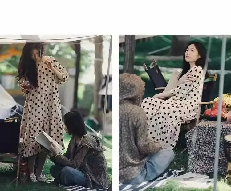 Fashion Retro Cotton and Linen Polka Dot Dress for Women Loose Slim Puff Sleeve Linen Doll Skirt
