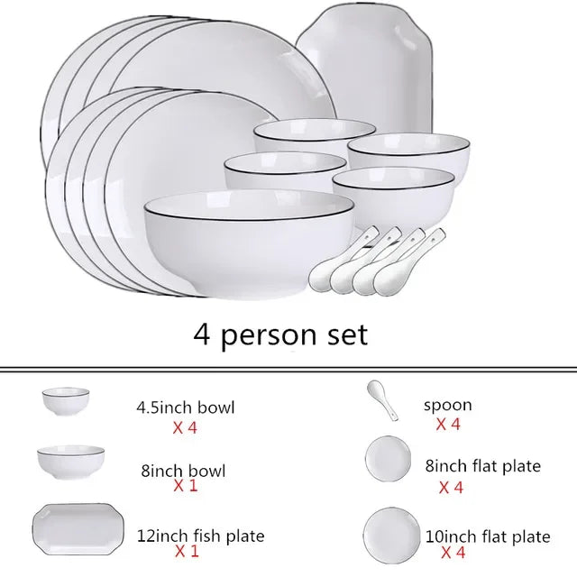 White With Black Dinner Plate Set Ceramic Serving Tray Food Dishes Rice Salad Noodles Bowl Soup Kitchen Dinnerware