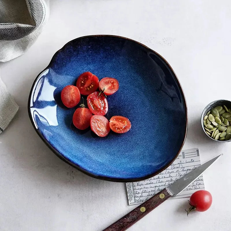 Nordic Style Blue Kiln Turned Ceramic Food Plate Steak Pasta Western Cuisine Plate Kitchen Utensils Dining Table Decoration