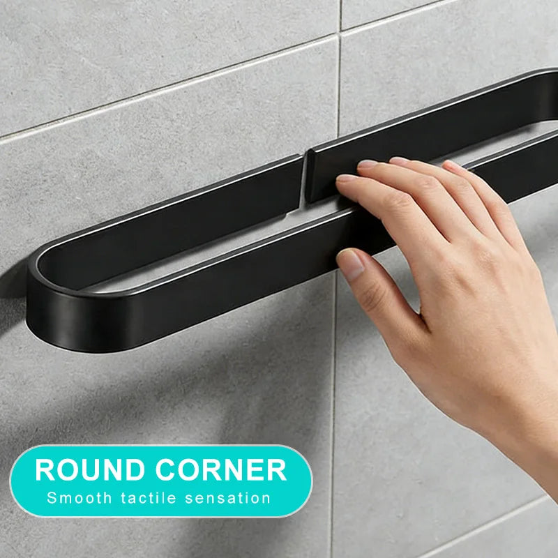 Self-adhesive Black Bath Towel Holder Bathroom Towel Rack No Punch Towel Rail Rack Towel Holder Bath Storage Shelf ML65B