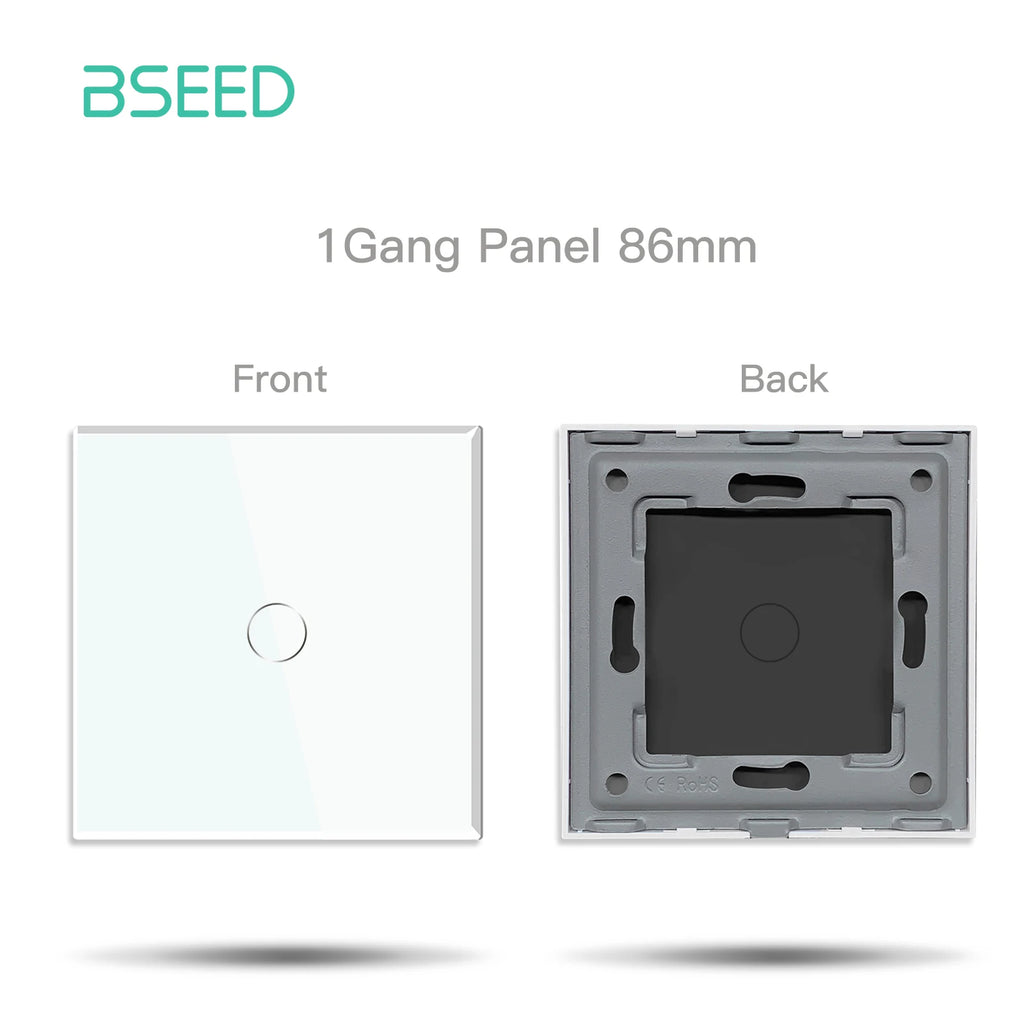 BSEED EU Standard Crystal Glass Panel 86mm For Touch Switches 1/2/3Gang With Metal Frame Wall Light Switch Function Part Only