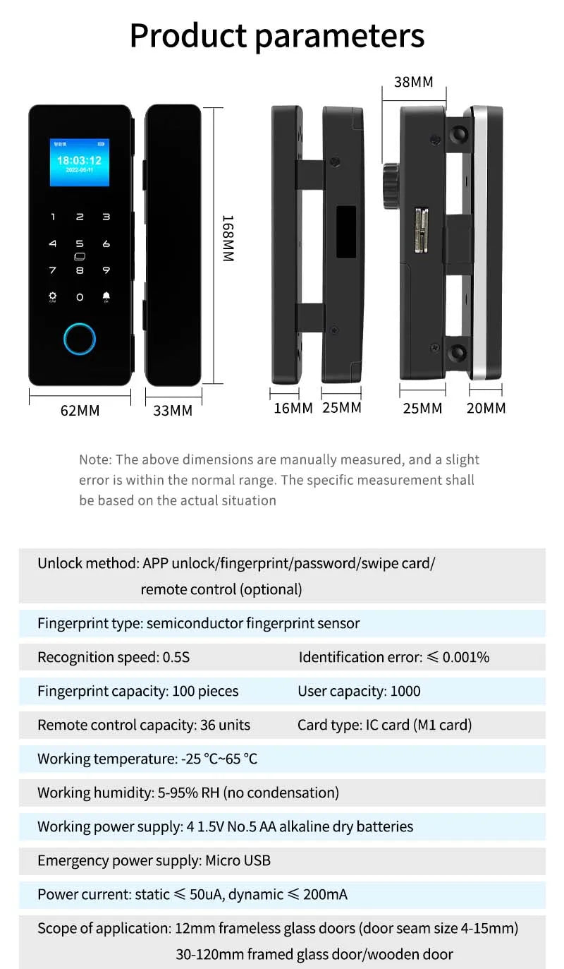 Electronic Digital Lock Fingerprint Glass Door Lock Bluetooth HAHA-Lock App Passcode IC Card Keyless Smart Phone Attendance Lock