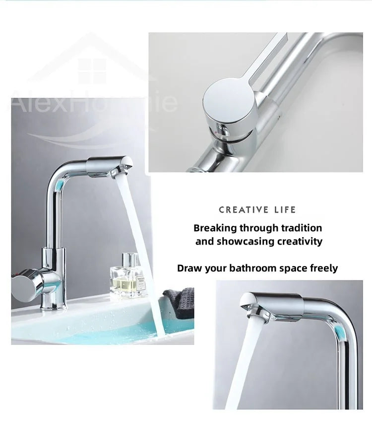 Bathroom Faucet with 360° Rotate Spout Deck Mounted Water Tap Chrome Single Hole Single Handel for Hot and Cold Water Mixer