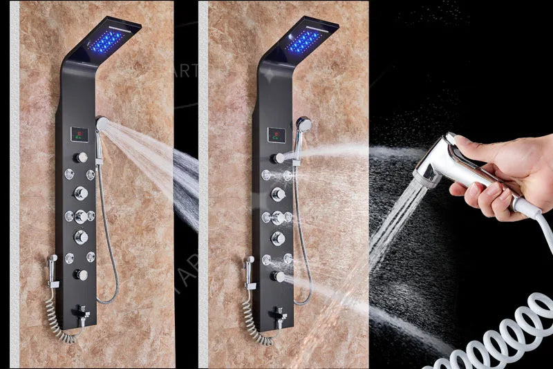 LED Light Bathroom Shower Panel Intelligent LCD Shower Column System with 6 Modes Rain Waterfall Massage Jet Bath Mixer Tap
