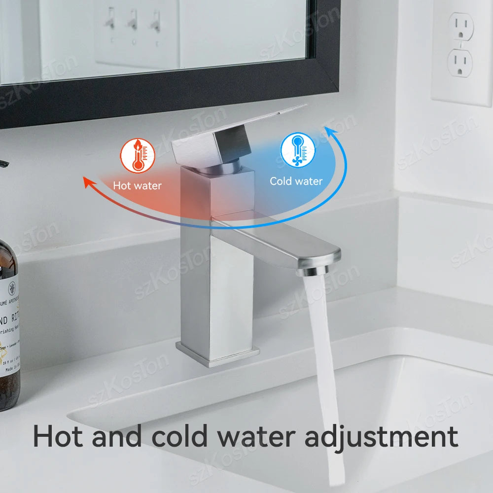 Bathroom Faucet Hot Cold Sink Faucet Single Hole Round/Square Stainless Steel Tap Deck Mounted Bathtub Counter Basin Faucet