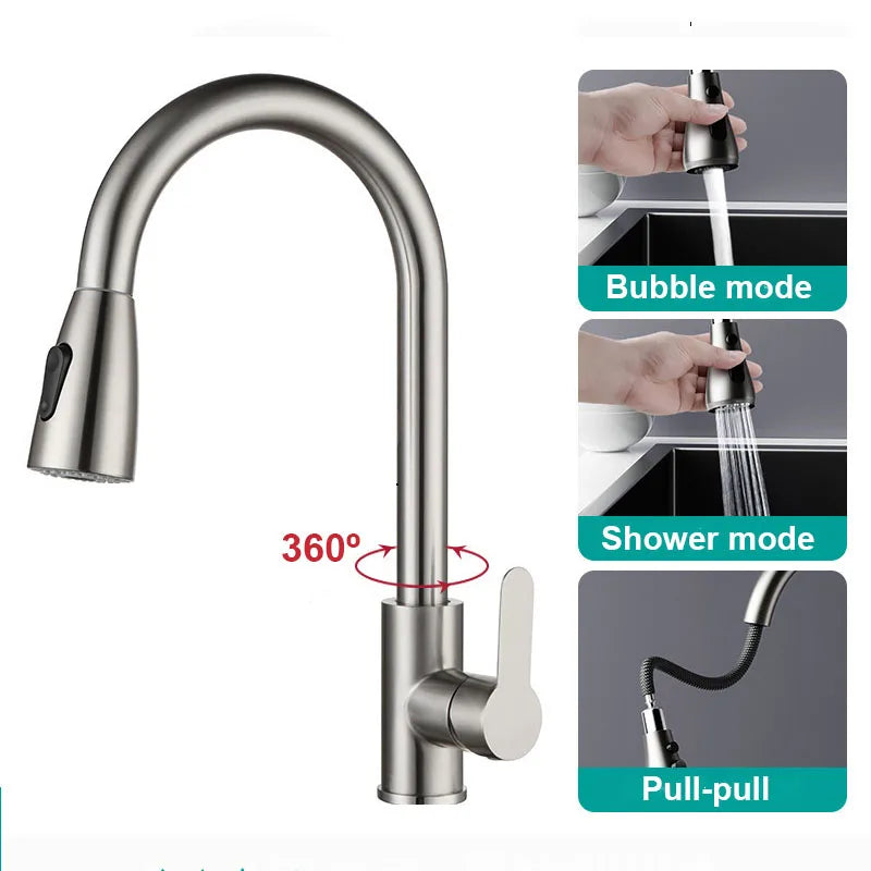304 Stainless Steel Pull Out Kitchen Faucet 360 Rotate Shower/Stream Sprayer Head Mixer Hot and Cold Water Tap Deck Mounted