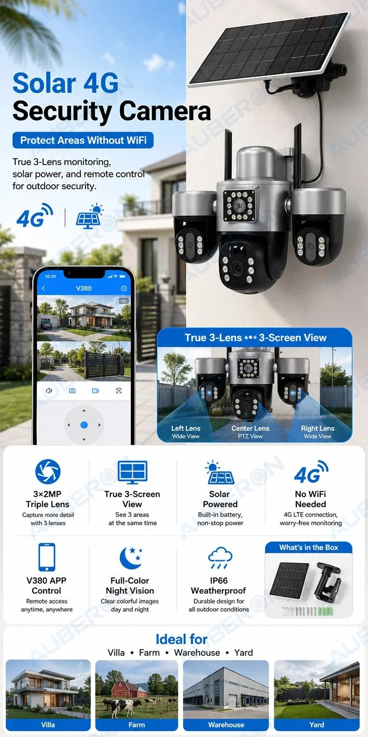 Solar 4G Security Camera 3 Lens 3 Screen Outdoor V380 APP 6MP PTZ PIR Full Color Night Vision IP66 Waterproof Battery Cam System