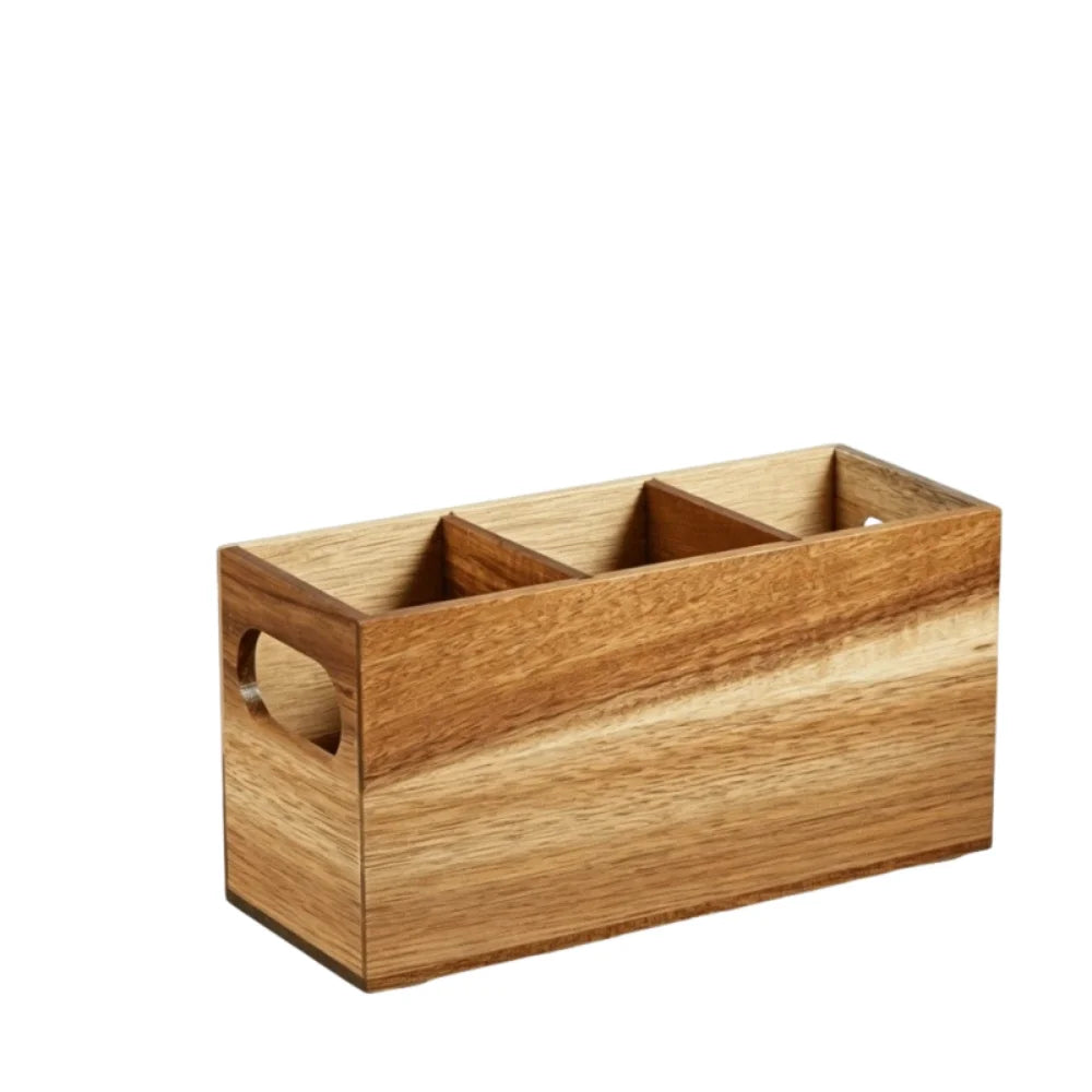 Kitchen Tools Wooden Utensil Organizer 3 Compartment Durable Storage Rack Space Saving Rustic Silverware Storage Box Countertop