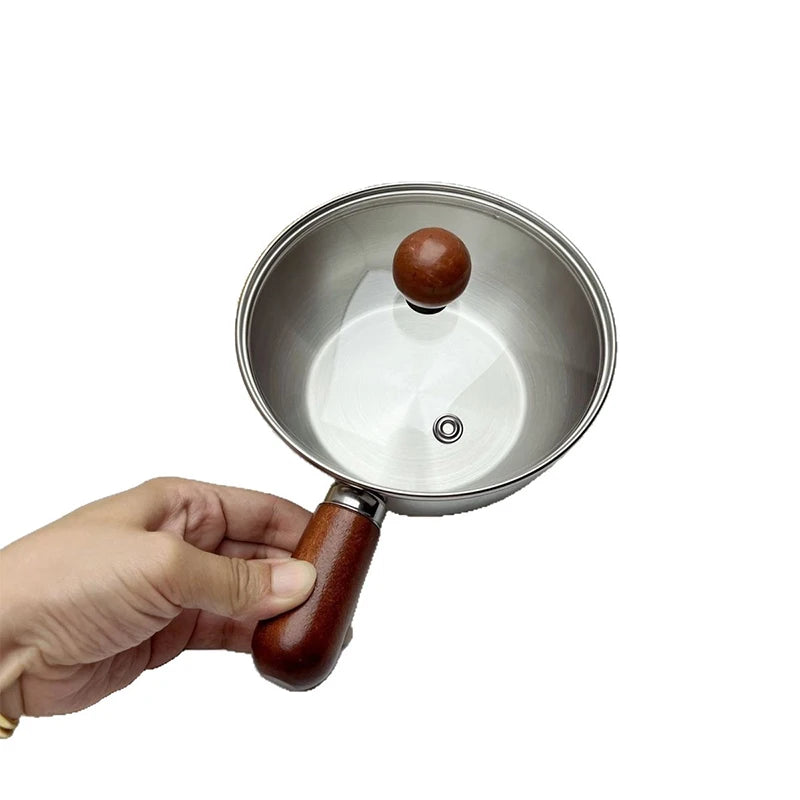1Pc Stainless Steel Cooking Pot With Wooden Handle Compact Small Noodle Pot For Baby Food Milk Snacks Kitchen Gadgets