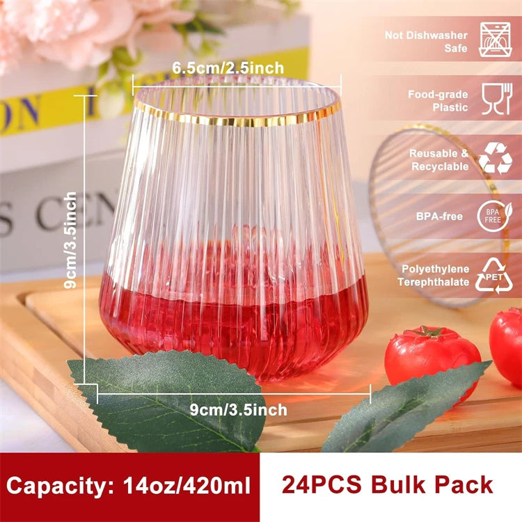 24 Pack Plastic Ribbed Wine Glasses 14Oz Origami Disposable Wine Glasses Unbreakable Clear Plastic Cocktail Glasses  Wine Cups