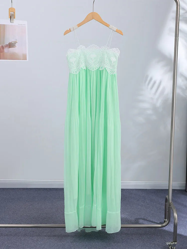 Lace Patchwork Pleated Slip Long Dress Women Sexy Spaghetti Strap Sleeveless Backless Loose Evening Dresses Chic Ladies Vestidos