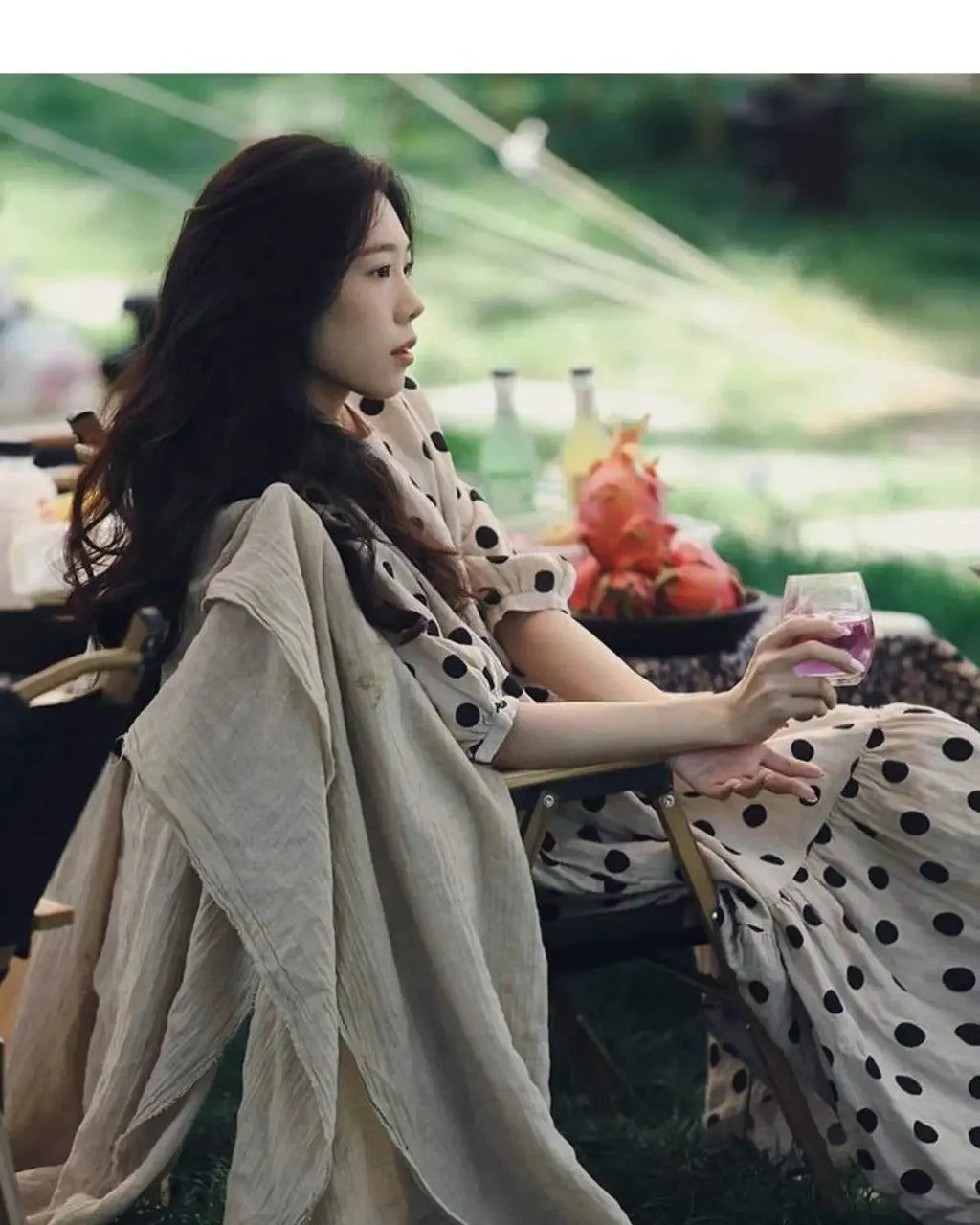 Fashion Retro Cotton and Linen Polka Dot Dress for Women Loose Slim Puff Sleeve Linen Doll Skirt
