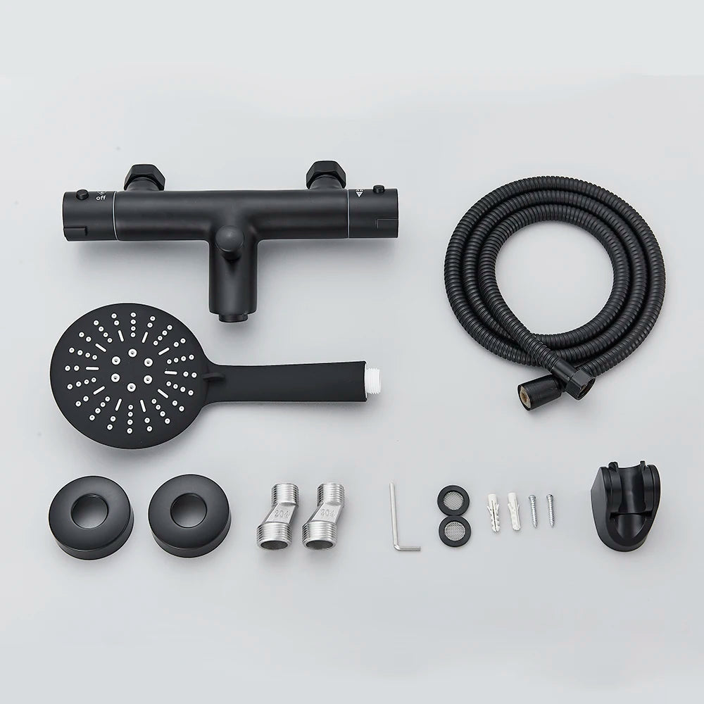 Black Thermostatic Bathroom Shower Faucet Dual Handle Bathtub Faucet Wall Mounted Mixer Tub Tap