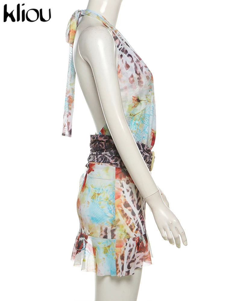 kliou Aesthetic Sexy Dresses Women Colorful Printed Midnight Clubwear Halter Low Neck Backless Ruffle Bodycon Hot Party Vestidos
