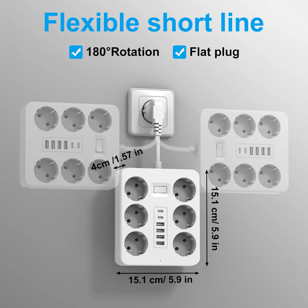 Wall Socket Extender with 6 AC Outlets 4 USB Ports 2 Type-C EU Plug Charger Electrical Switch For Home Power Strip Socket
