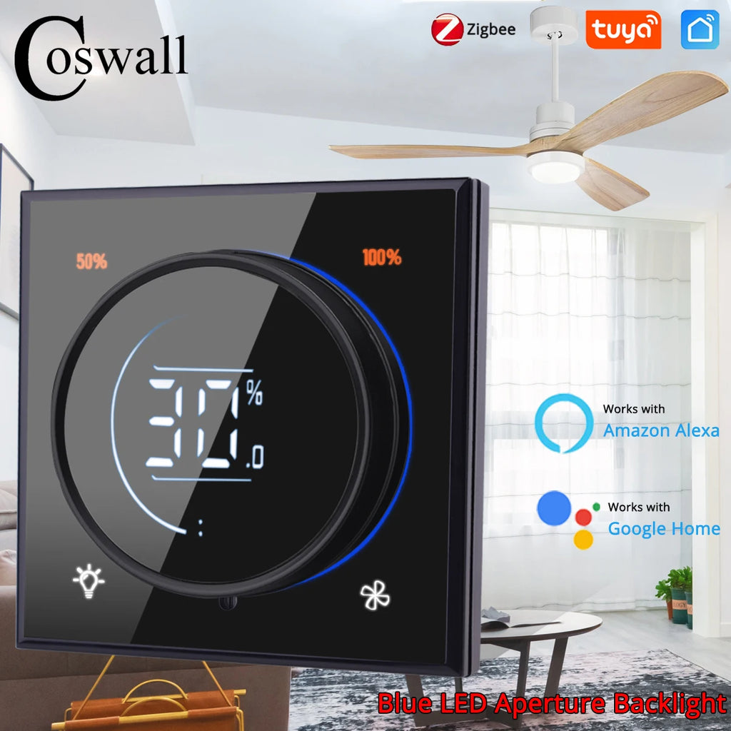 Glass Panel Wifi/Zigbee2MQTT Smart Light Switch With Knob Fan Controller 300W Max.  Digital LCD For Ceiling Fan Lamp