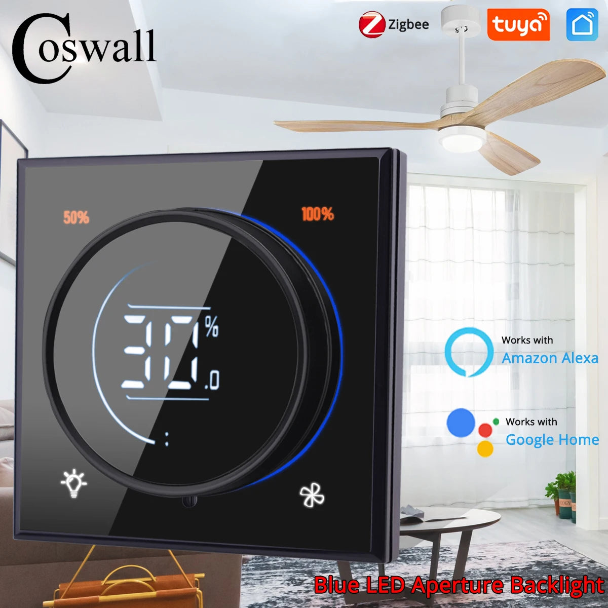 Glass Panel Wifi/Zigbee2MQTT Smart Light Switch With Knob Fan Controller 300W Max.  Digital LCD For Ceiling Fan Lamp
