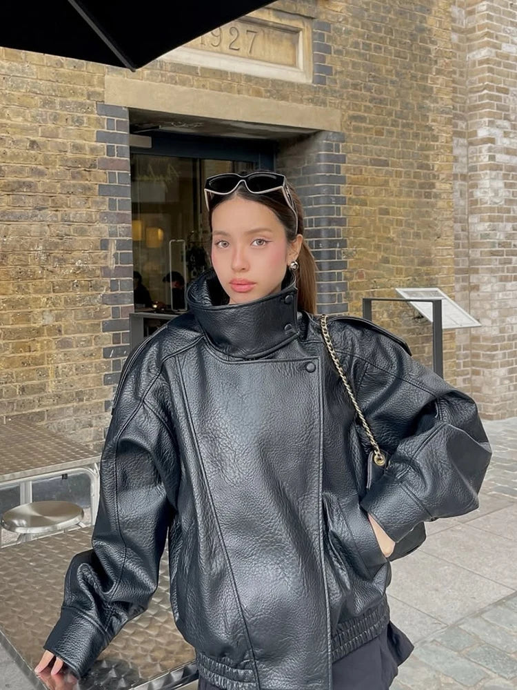 Fashion Black Faux Leather Short Jackets Women Retro High Neck Long Sleeve Oversized Coats Lady Autumn Winter Classic Streetwear