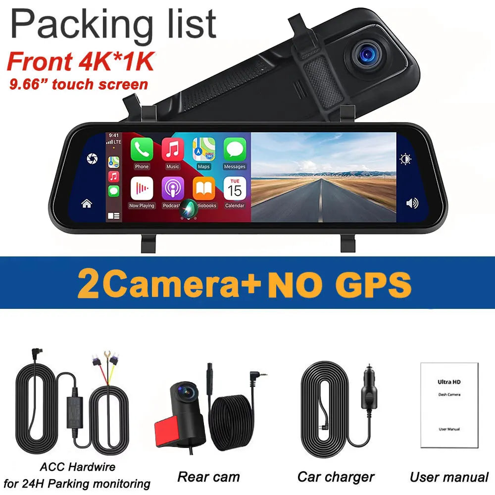 4K Mirror Dash Cam 9.66" with Carplay Android Auto Touch Screen Backup Camera Front and Rear View Dual Cameras for Car