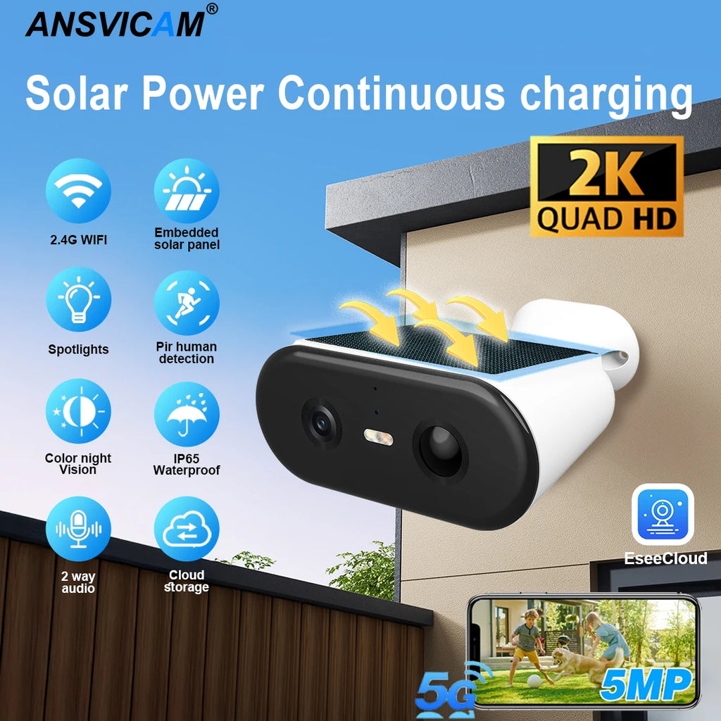 2K Solar Security Camera WIFI Wireless 2.4/5GHz DualBand Outdoor Camera IP65 Waterproof  AI PIR Motion Surveillance Battery Cam