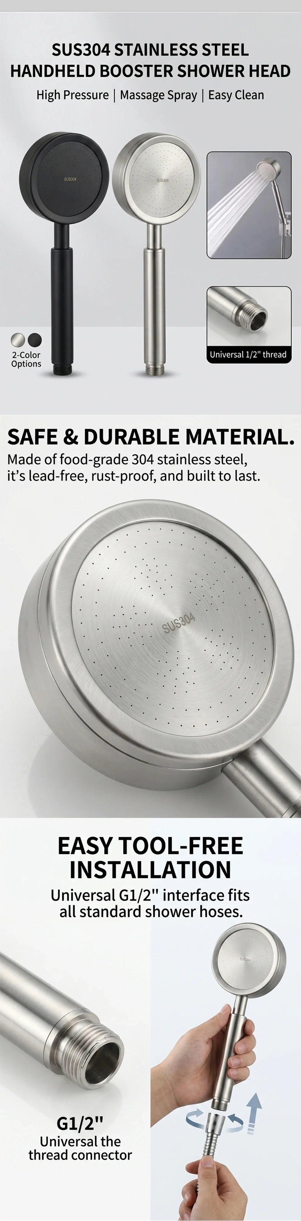 304 Stainless Steel Handheld Shower Head – High Pressure Spray, Universal 1/2” Connector, Bathroom Sprayer for Home Use