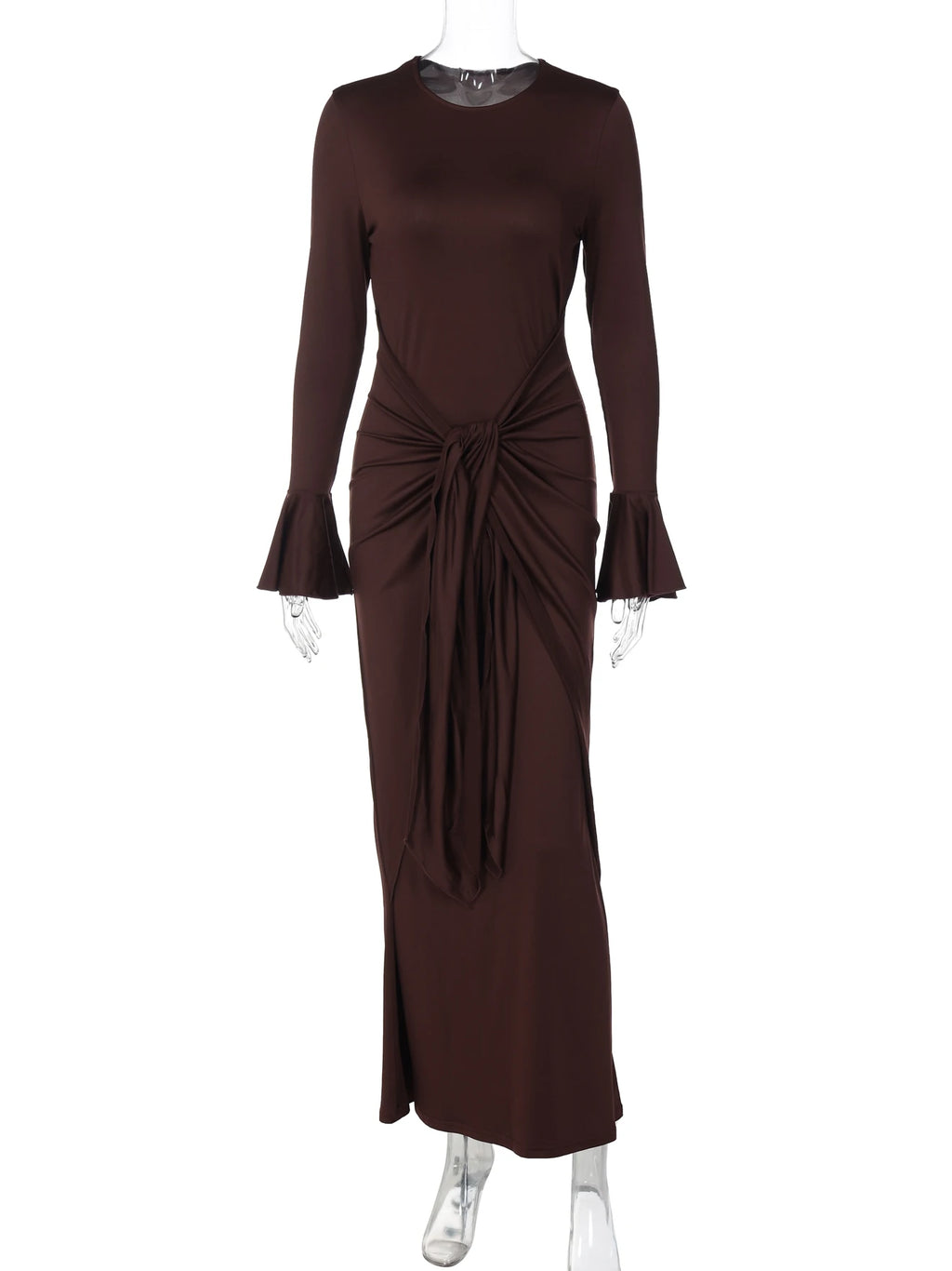 Dulzura O-Neck Long Flare Sleeve Ruched Lace Up Slim Long Dress Women'S Fashion Elegant Clothes Party Club Street Autumn Outfit
