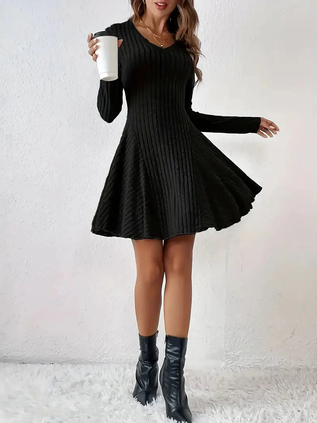 Women's V-Neck Knit Dress - Long Sleeve Swing Mini Dress, Elegant Bodycon Short Dress