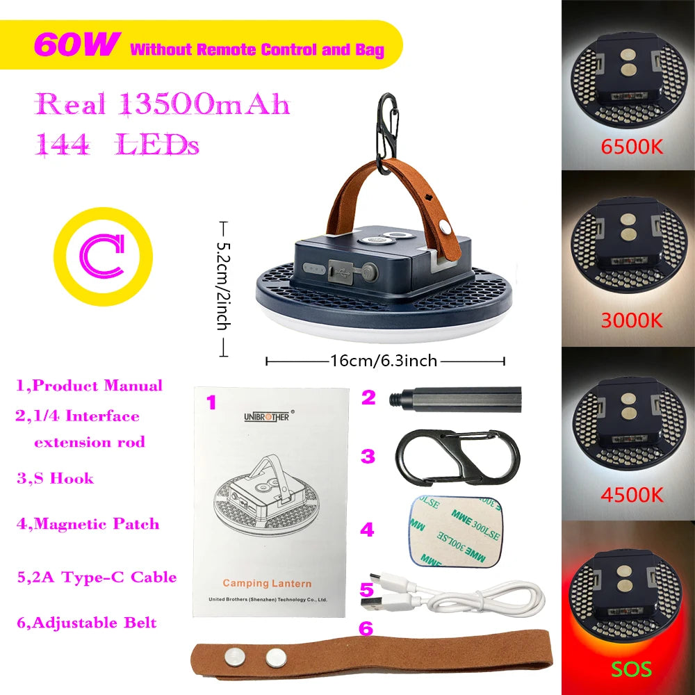 13500mAh Camping Lantern Portable Lantern Rechargeable Magnet Powerful Fashlight Fishing Tent Lamp Outdoor Work Repair Light